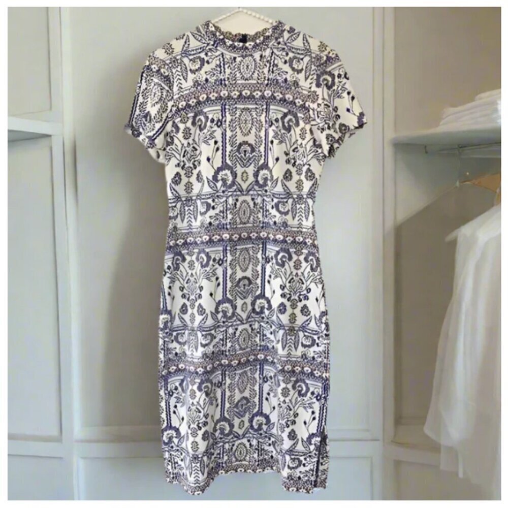 Anthropologie Dress Large Petite Blue Short Sleeve Midi Mock Neck Stretch Knit